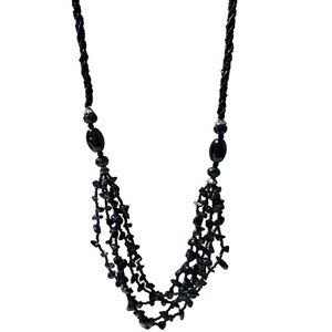 Elegant Black Beaded Multi-Strand Necklace Twisted Cord Faceted Accents